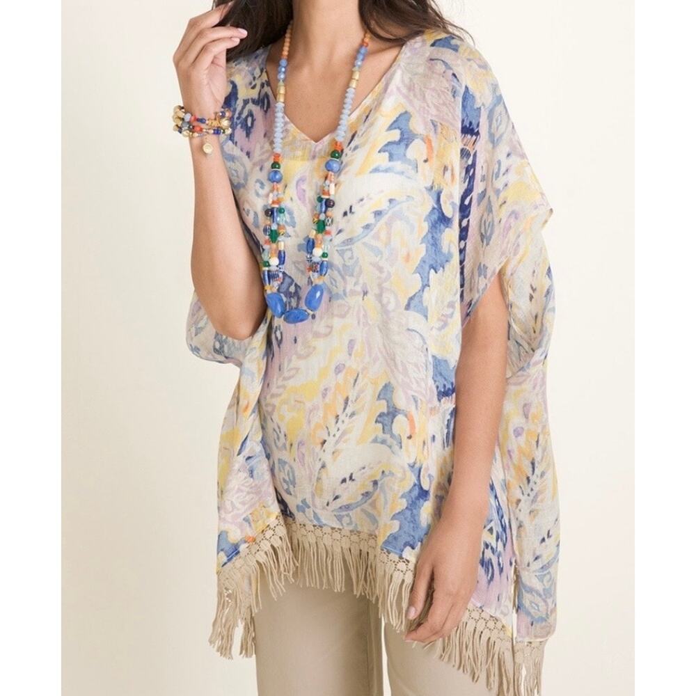 Chico's Hand Painted Linen Fringe Poncho - size L/XL